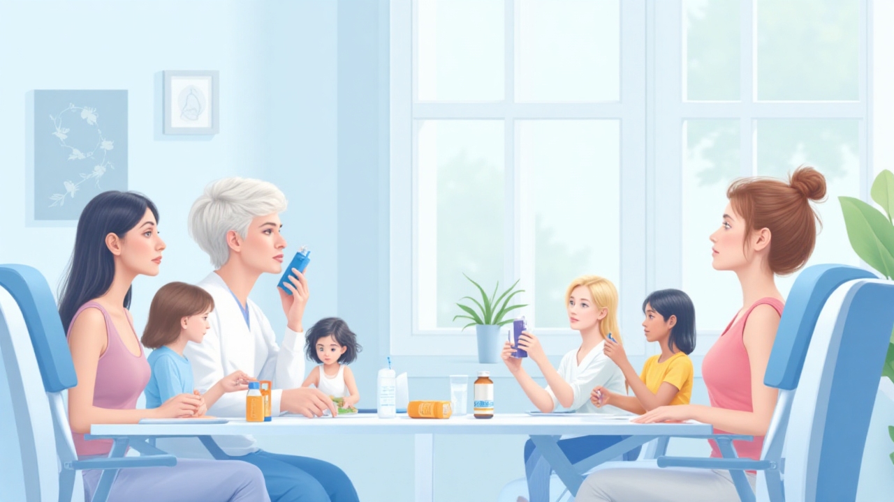 Ilustracja przedstawia różne inhalatory i leczenie astmy dla lepszej kontroli objawów.